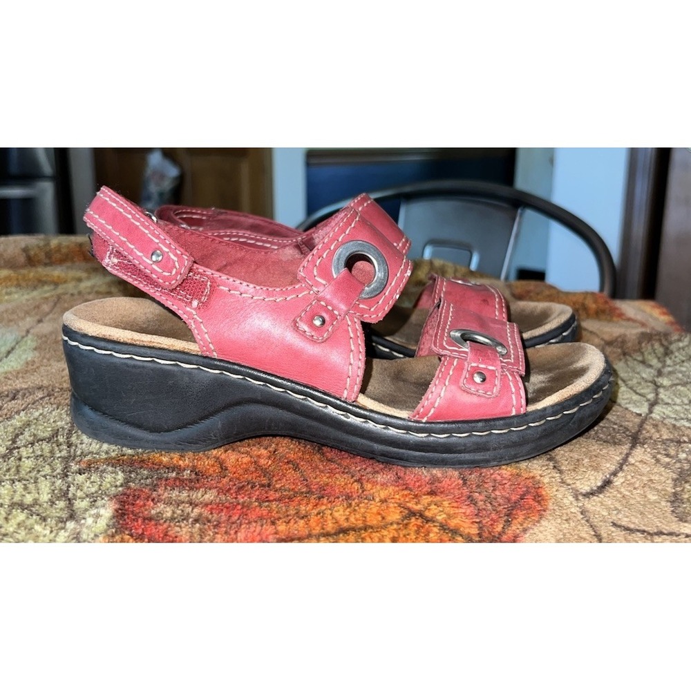 Clarks Lexi Birch‎ WMS 6.5M Slingback Wedge Sandals Red Leather